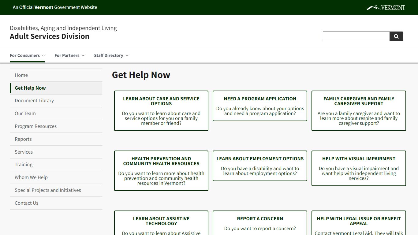 Get Help Now | Adult Services Division - Vermont